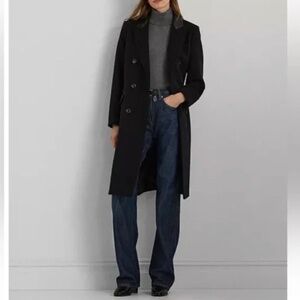 Ralph Lauren Faux Leather Trim Double Breasted Wool Blend Reefer Pea Coat Sz 8